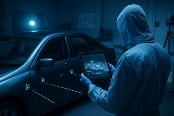 Onderzoeker bekijkt auto met schotbeschadigingen