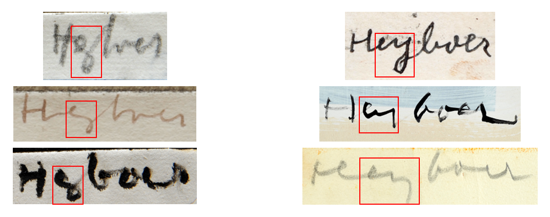 Lettercombinaties ‘ey’ in signaturen op museumwerken (links) en een enkele betwiste werken (rechts).
