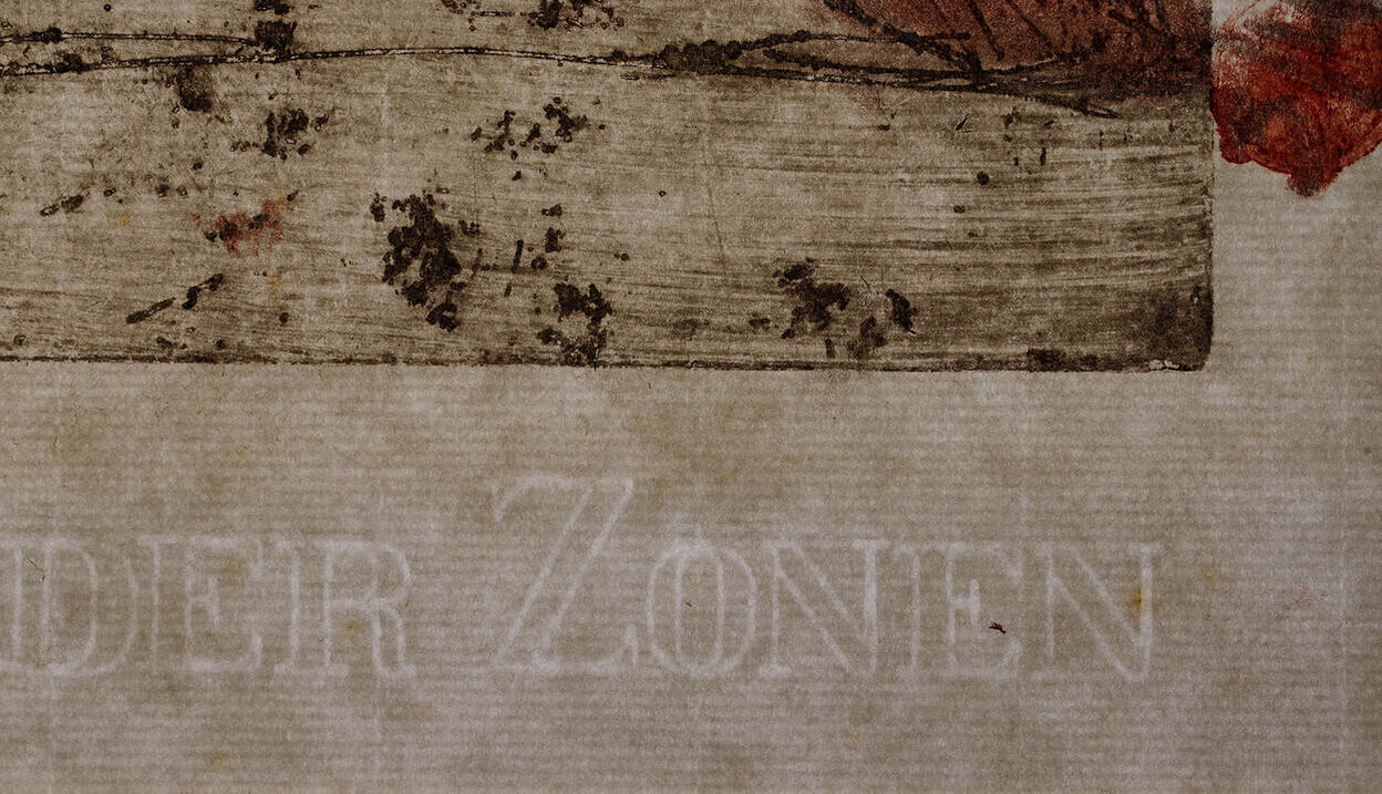 Foto van de etsen gemaakt met doorvallend licht. Hierin is de lijnstructuur en een deel van het watermerk (‘Van Gelder Zonen’) zichtbaar.