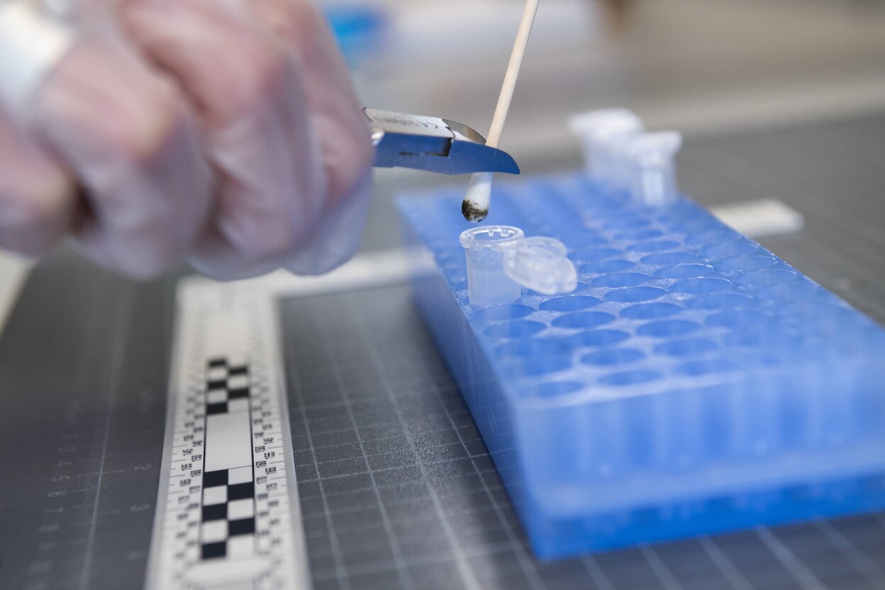 Deskundige onderzoekt bemonstering met wattenstaafje