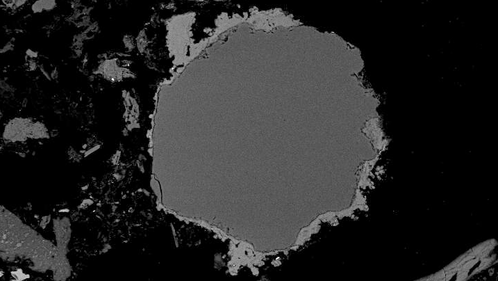 Zandkorrel met een laagje botresidue onder een microscoop