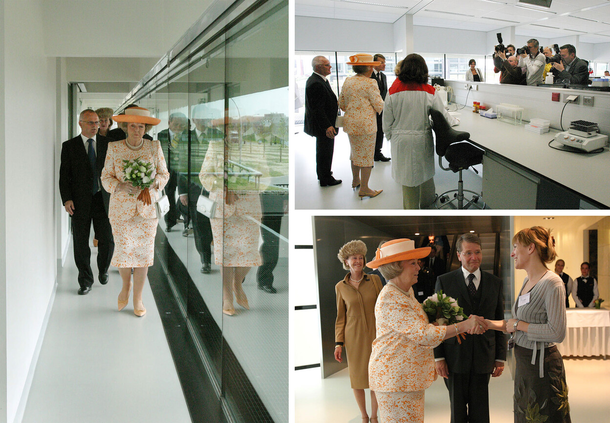 Collage van bezoek Koningin Beatrix aan NFI